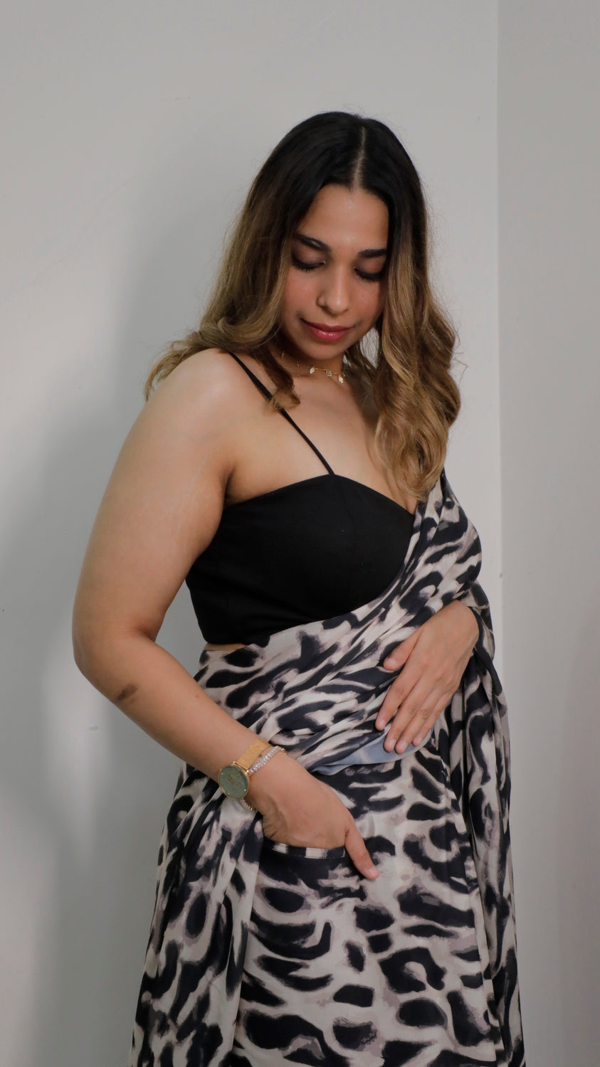 Cheetah Print Satin Saree with Pockets