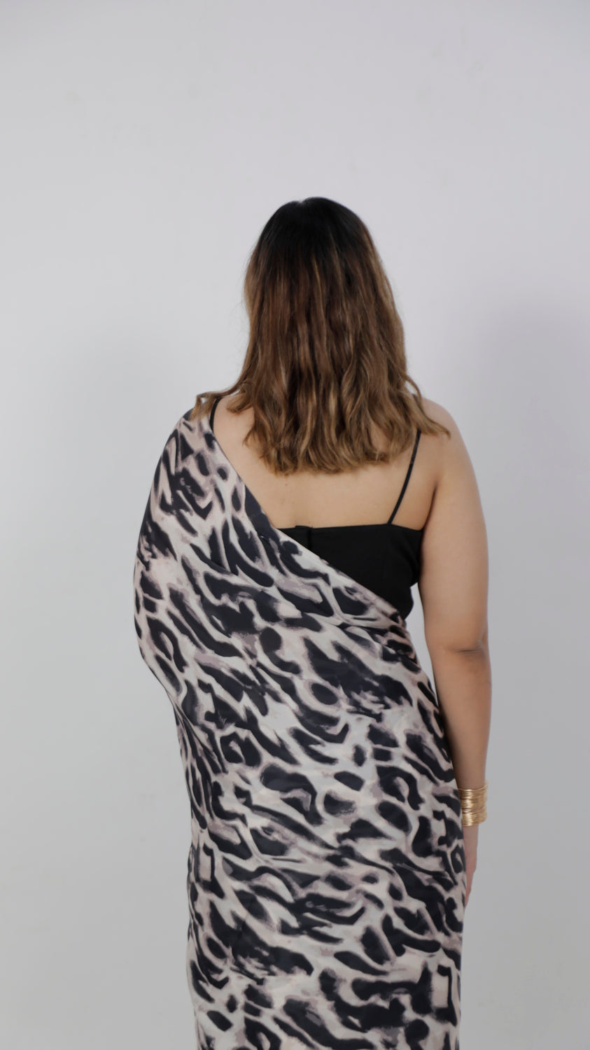Cheetah Print Satin Saree with Pockets