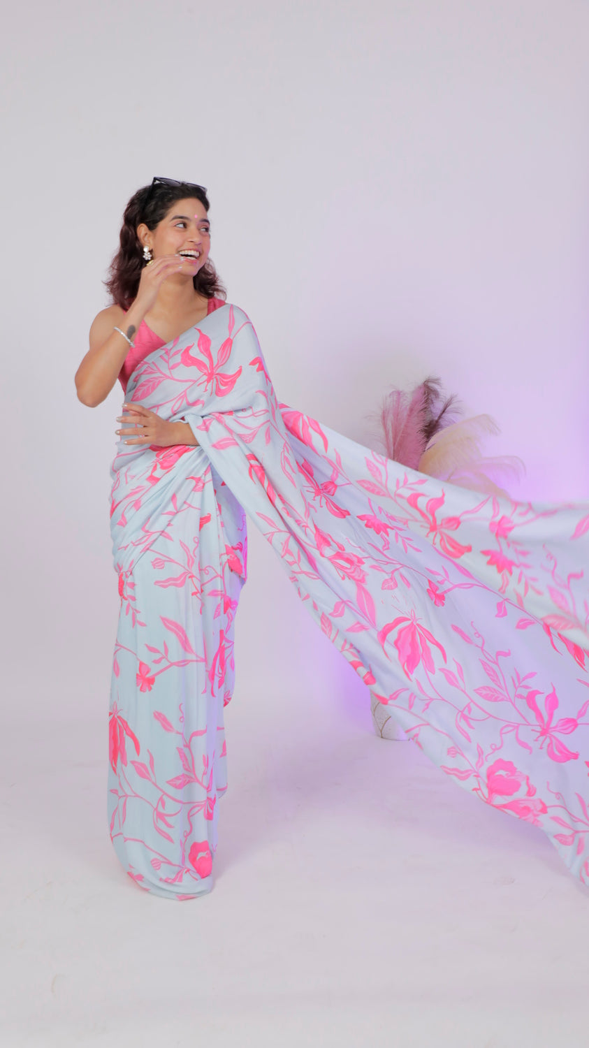 Powder Blue Mul Cotton Saree with Pink Floral Print & Pockets