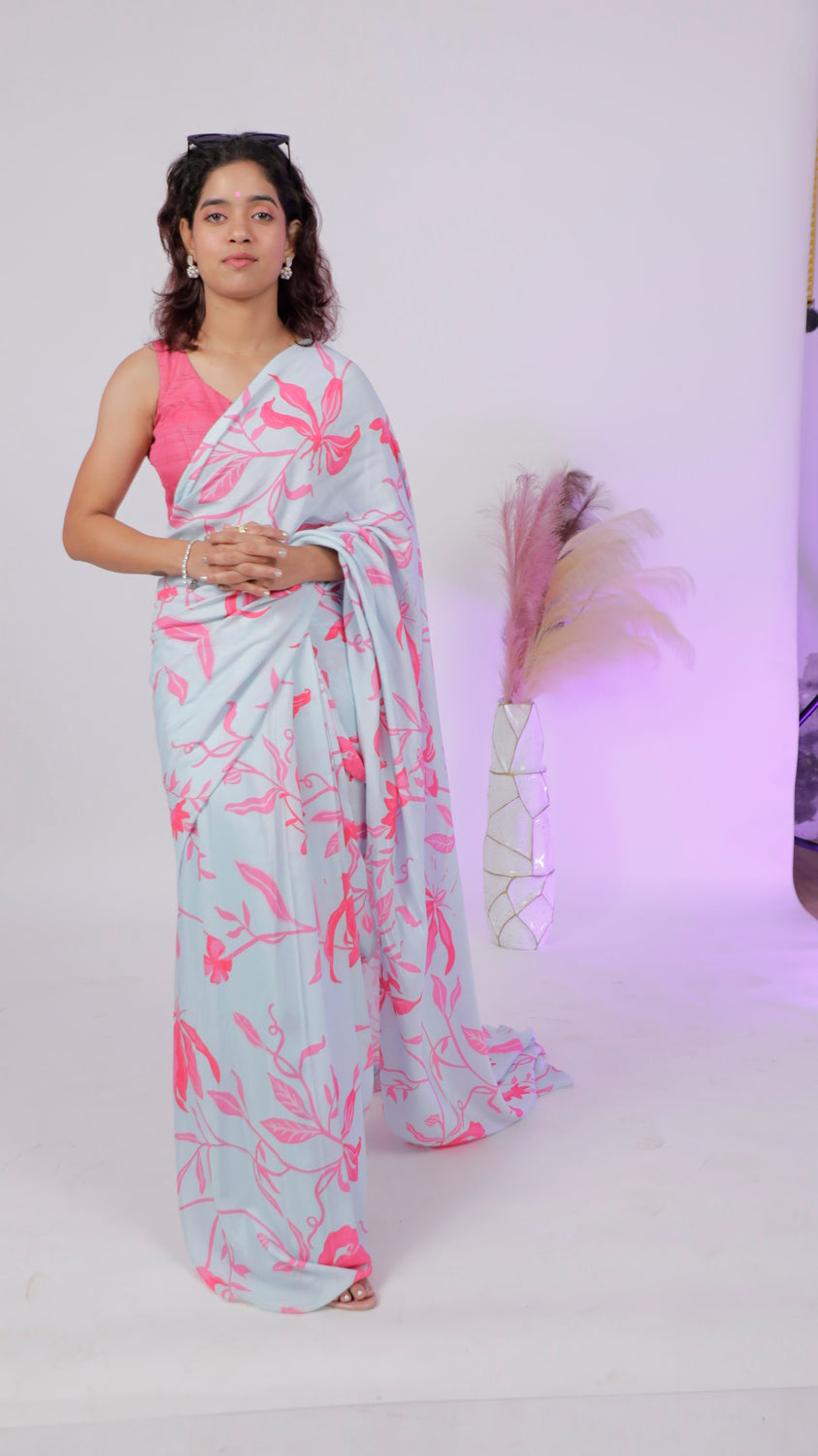 Powder Blue Mul Cotton Saree with Pink Floral Print & Pockets