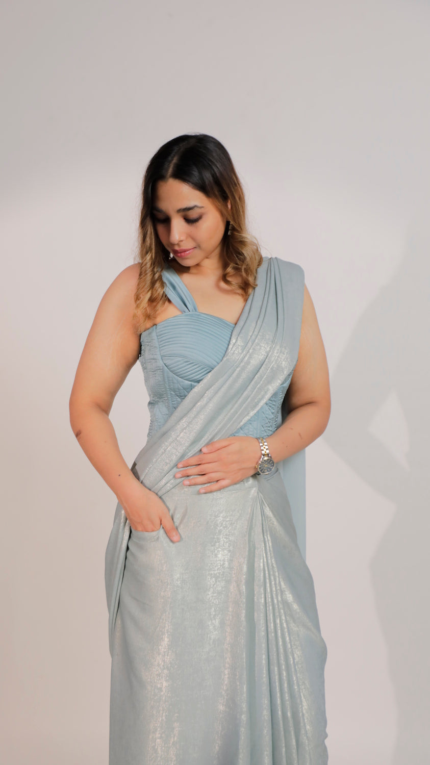 Blue Sandwash Satin Saree with Pockets