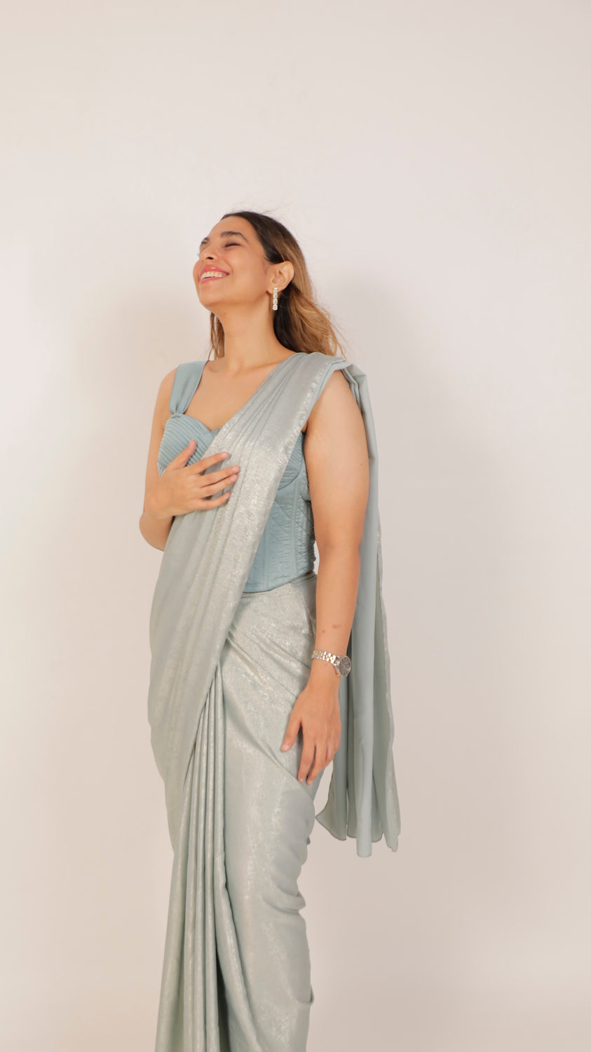 Blue Sandwash Satin Saree with Pockets