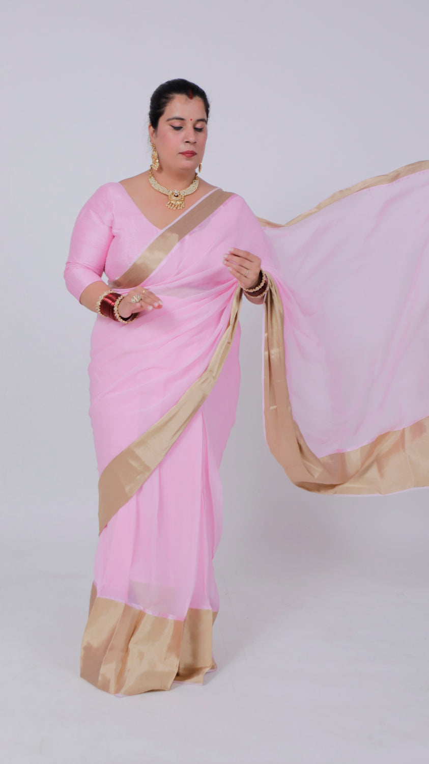 Pink Georgette Saree with Banarasi Border & Pockets