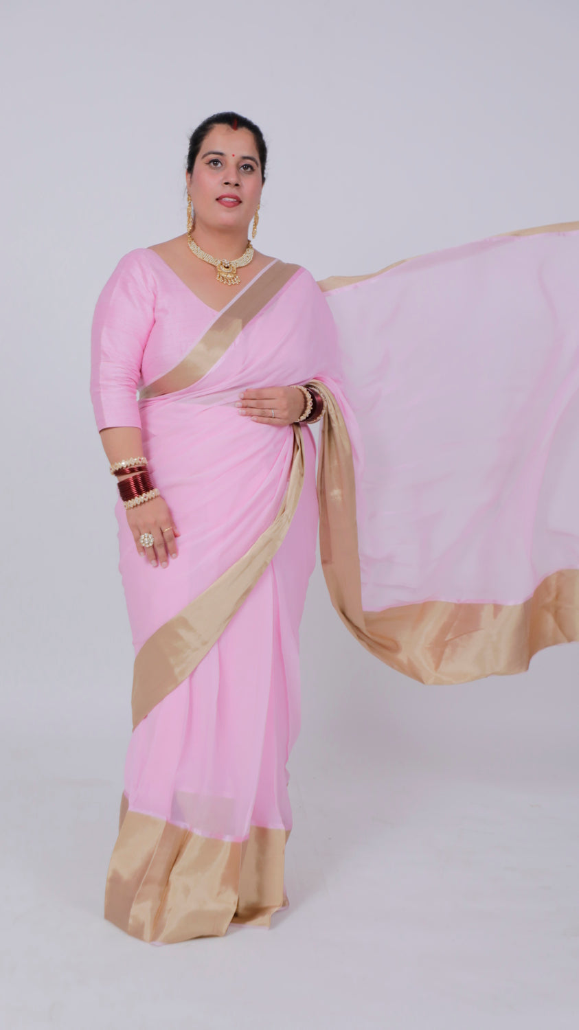 Pink Georgette Saree with Banarasi Border & Pockets