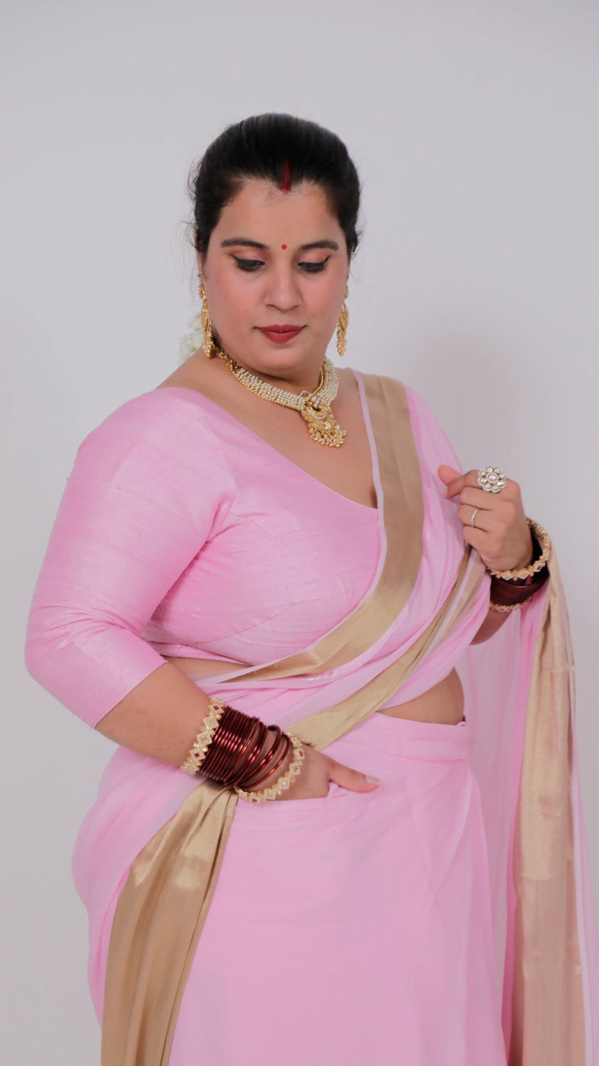 Pink Georgette Saree with Banarasi Border & Pockets