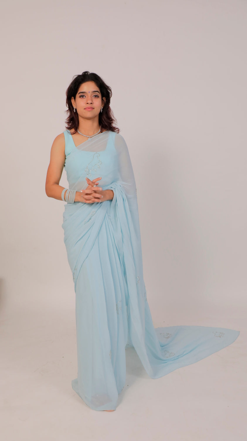 Sky Blue Heavy Georgette Saree with Hand-Embroidered Horse Motif & Pockets