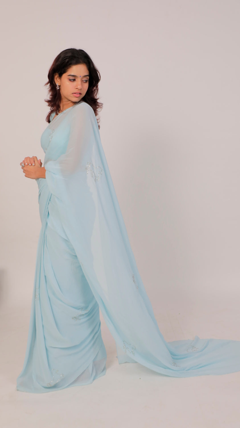 Sky Blue Heavy Georgette Saree with Hand-Embroidered Horse Motif & Pockets