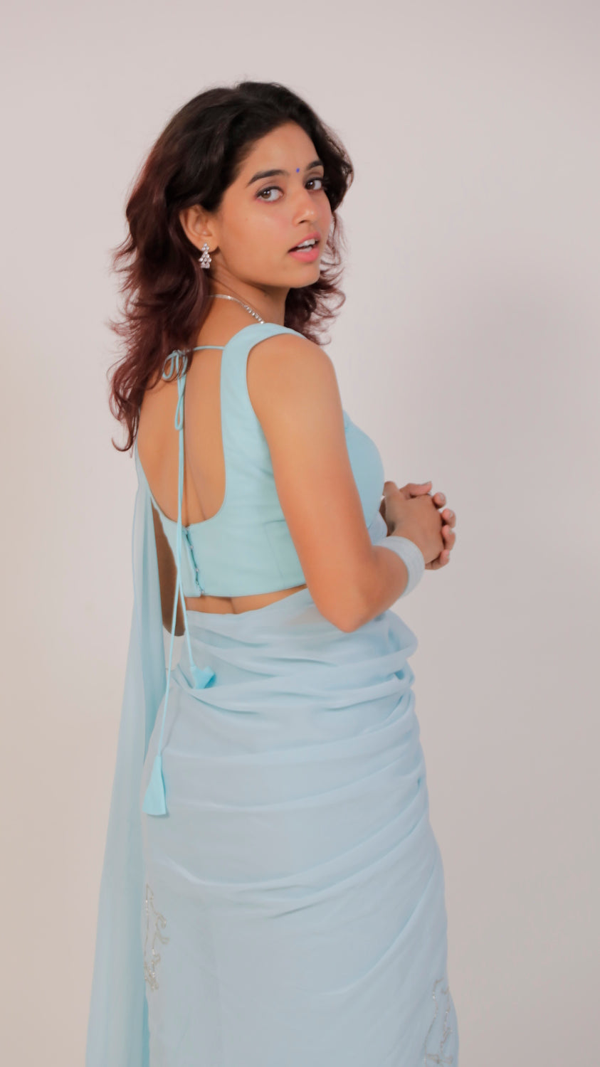 Sky Blue Heavy Georgette Saree with Hand-Embroidered Horse Motif & Pockets