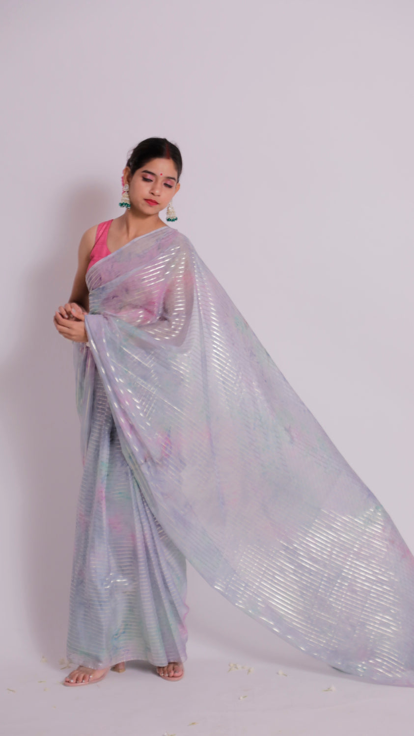 Pastel Watercolor Organza Saree with Silver Stripes & Pockets