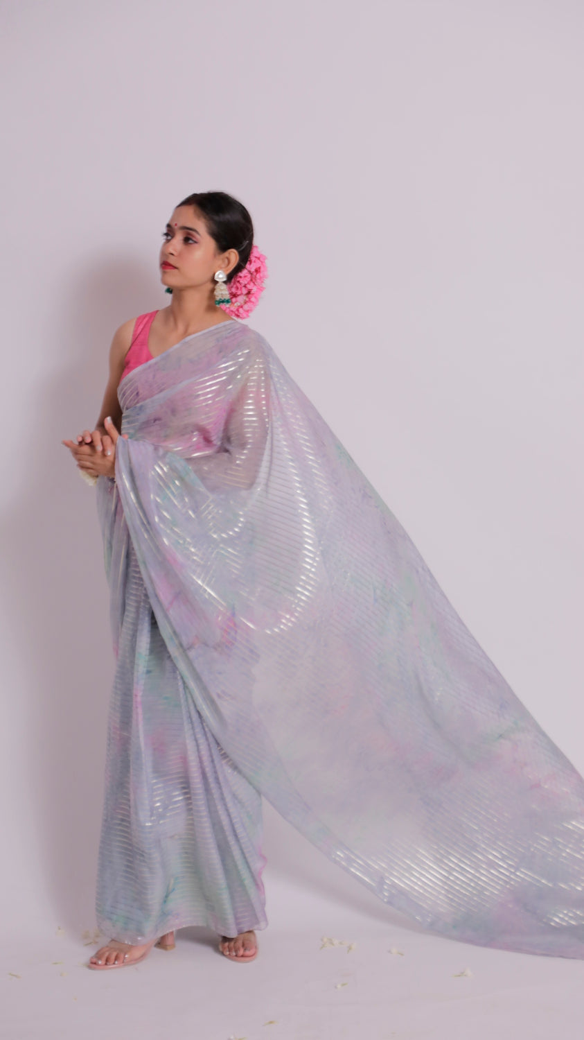 Pastel Watercolor Organza Saree with Silver Stripes & Pockets