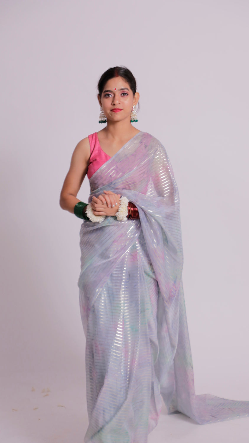 Pastel Watercolor Organza Saree with Silver Stripes & Pockets
