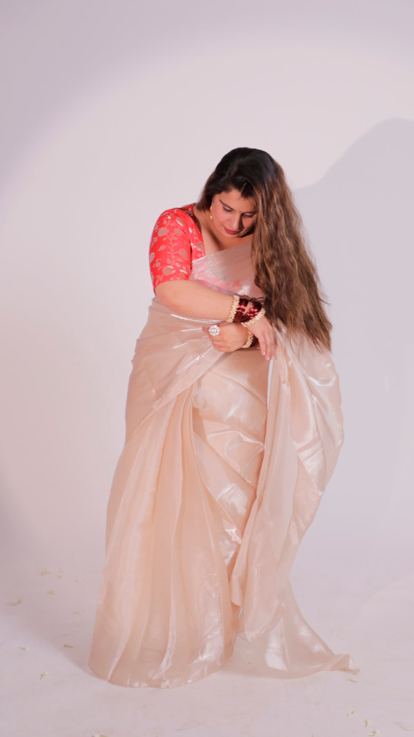 Champagne Organza Shimmer Saree with Pockets
