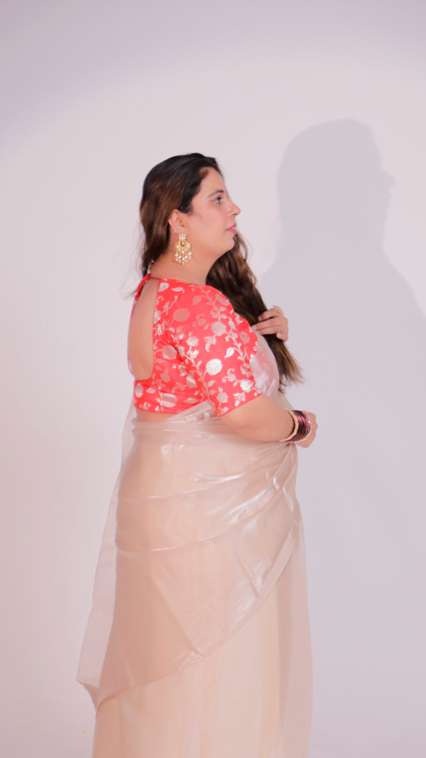 Champagne Organza Shimmer Saree with Pockets