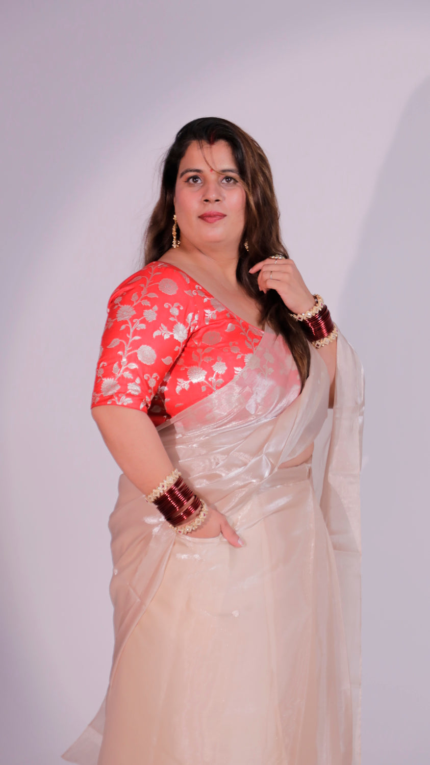 Champagne Organza Shimmer Saree with Pockets