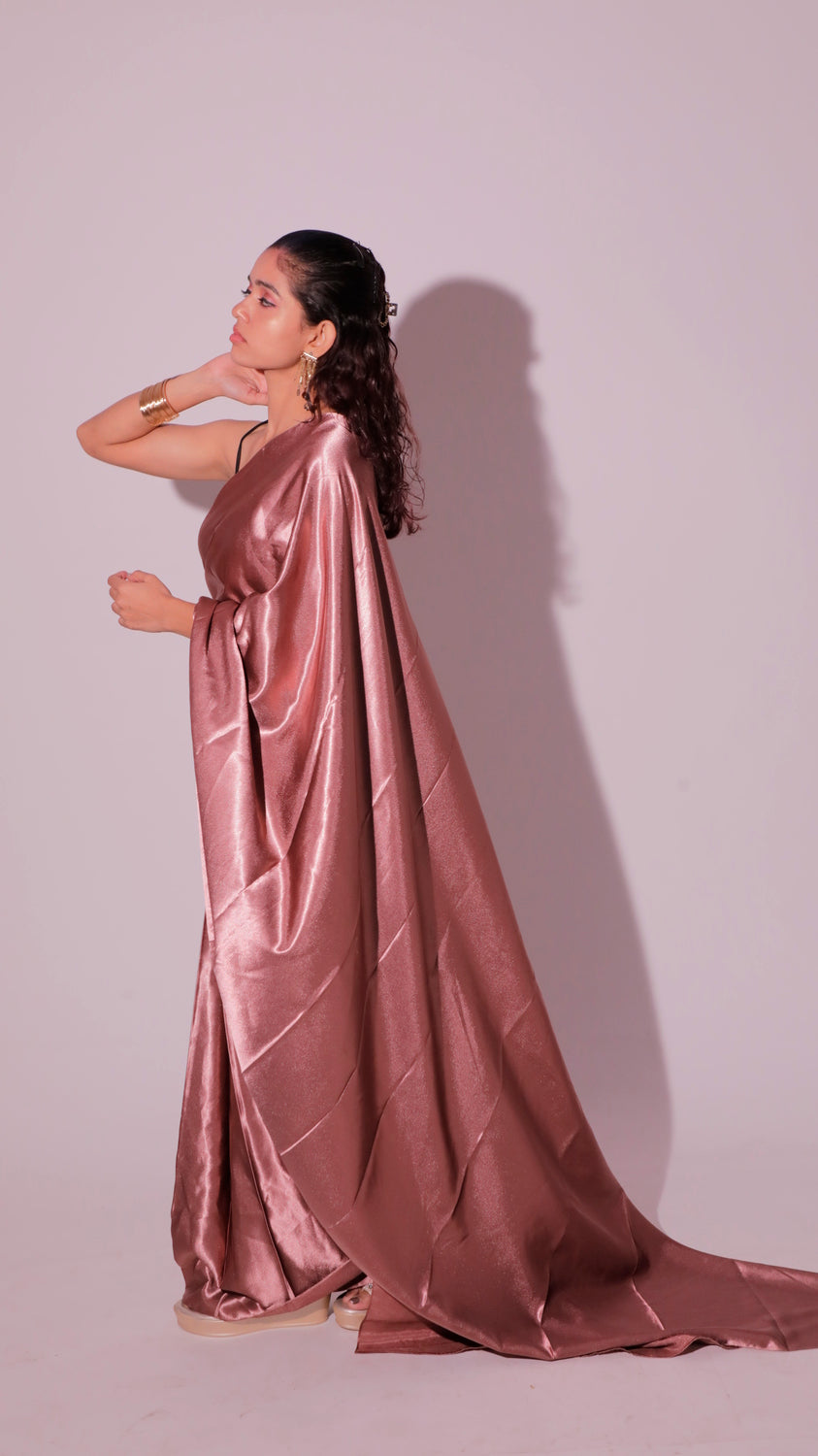 Rose Gold Satin Saree with Hidden Pockets