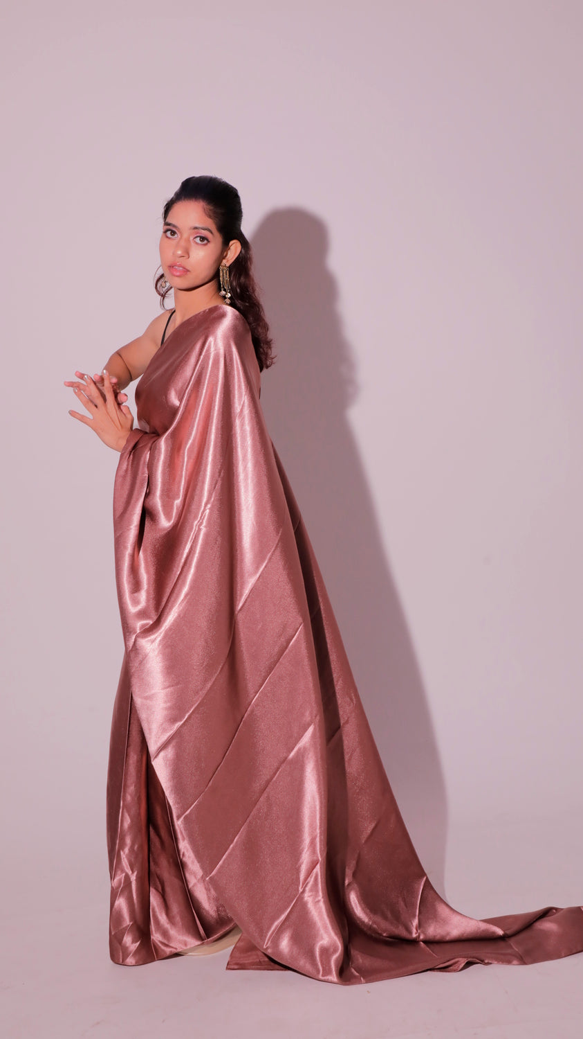 Rose Gold Satin Saree with Hidden Pockets